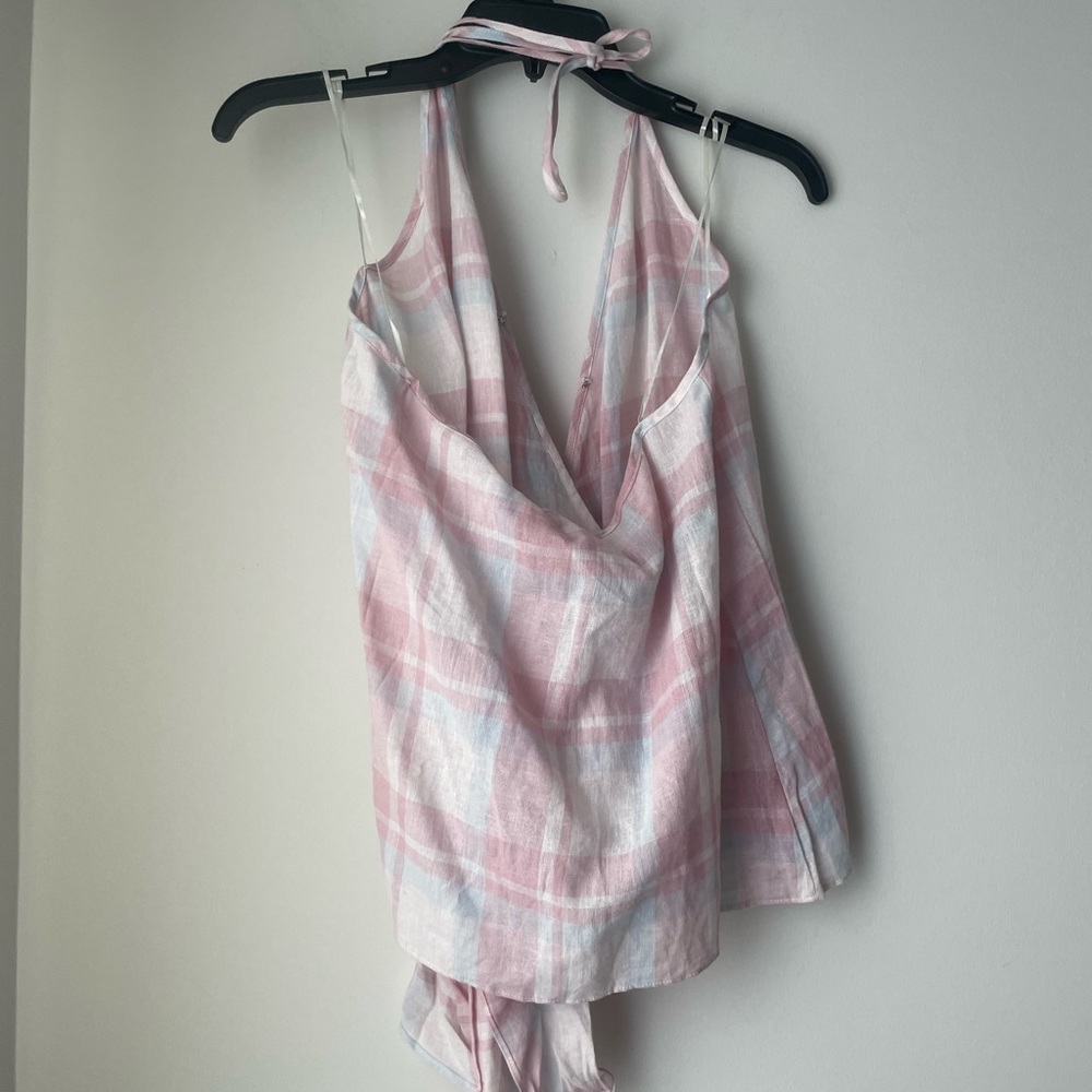 Lovestitch Pale Pink Blue Linen Halter Wrap Plaid Top Size Medium - Picture 4 of 8